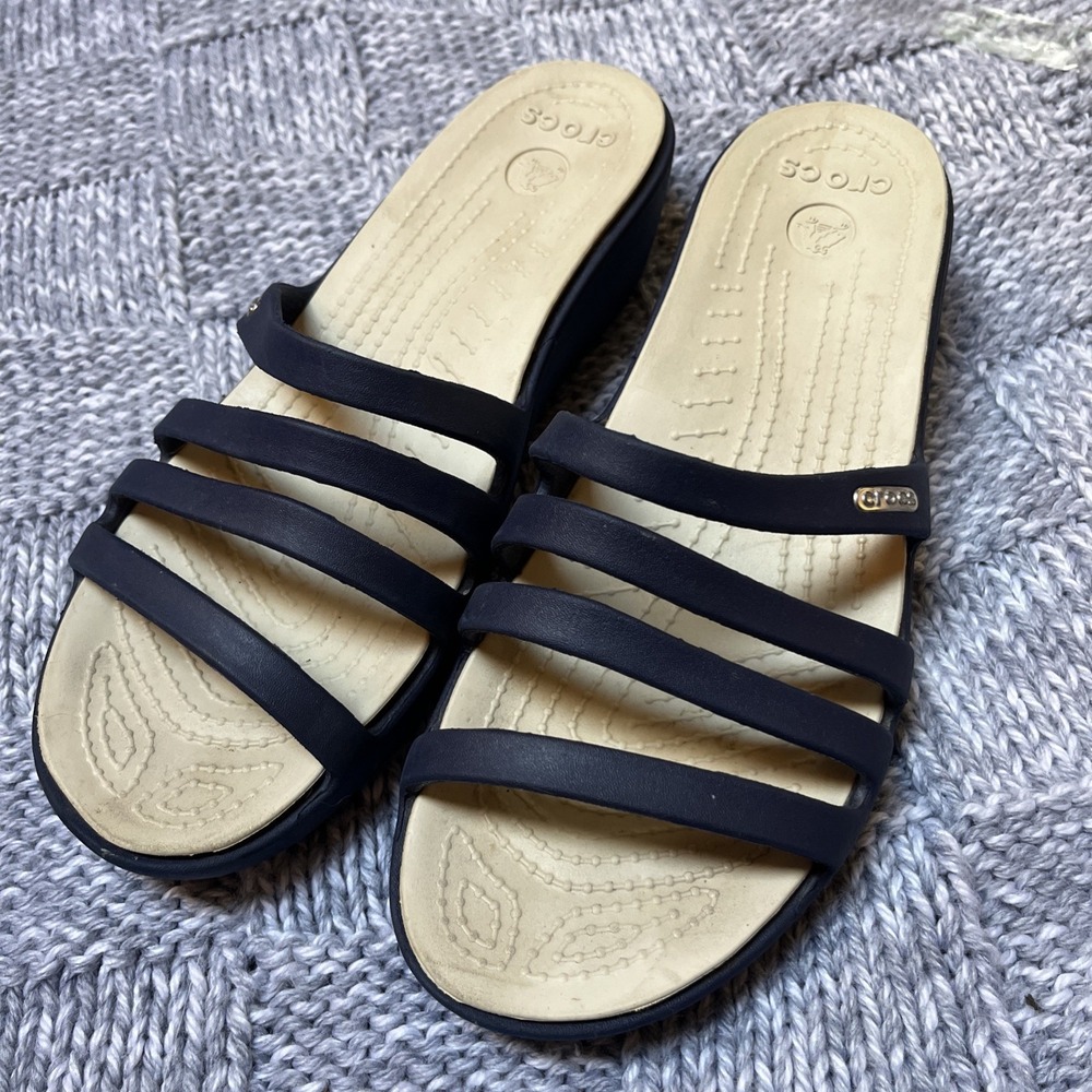 Crocs Rhonda Wedge Slide Women's 9 Navy Blue Comfort Strappy Sandals Lightweight